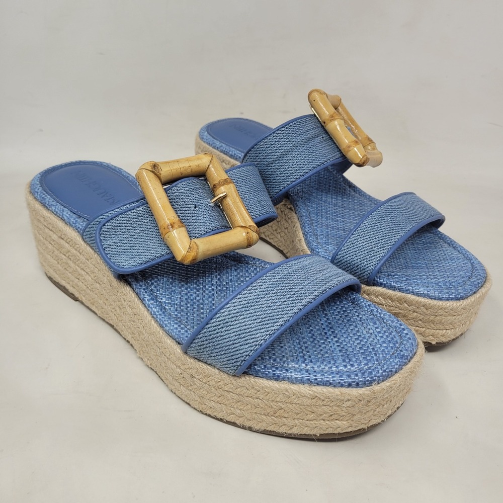 J.McLaughlin Sandals 7.5M Blue Fleur Bamboo Buckle Espadrille Platform Wedge